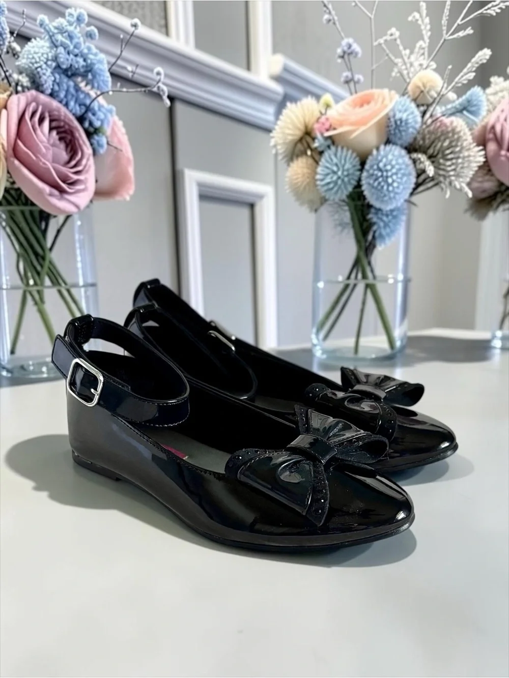 Rachel Shoes Little Girls Black Patent Bow Flats Size 2 Like New